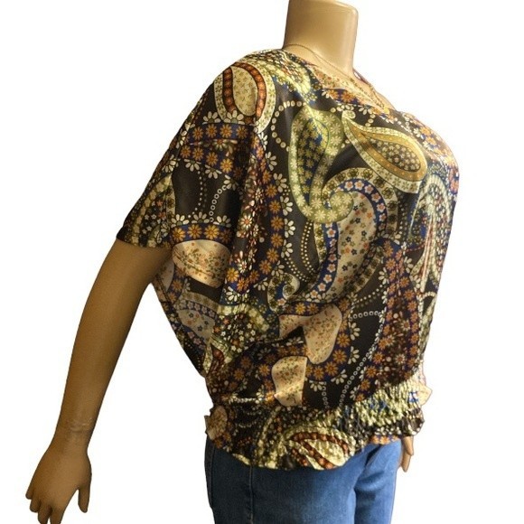 90s Rampage Top One shoulder Satin Paisley print Brown Smocked Waist Size L - Picture 10 of 11